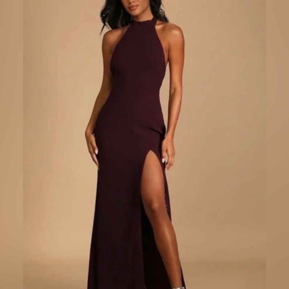 BHLDN Anthropologie Juliana High Neck Side Slit Stretch Chestnut Brown Maxi Sz 2